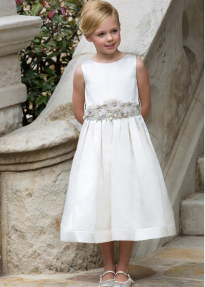 Ivory Satin Flower Girl Dress With Beaded Flower Sash Ivory Satin Flower Girl Dress With Beaded Flower Sash